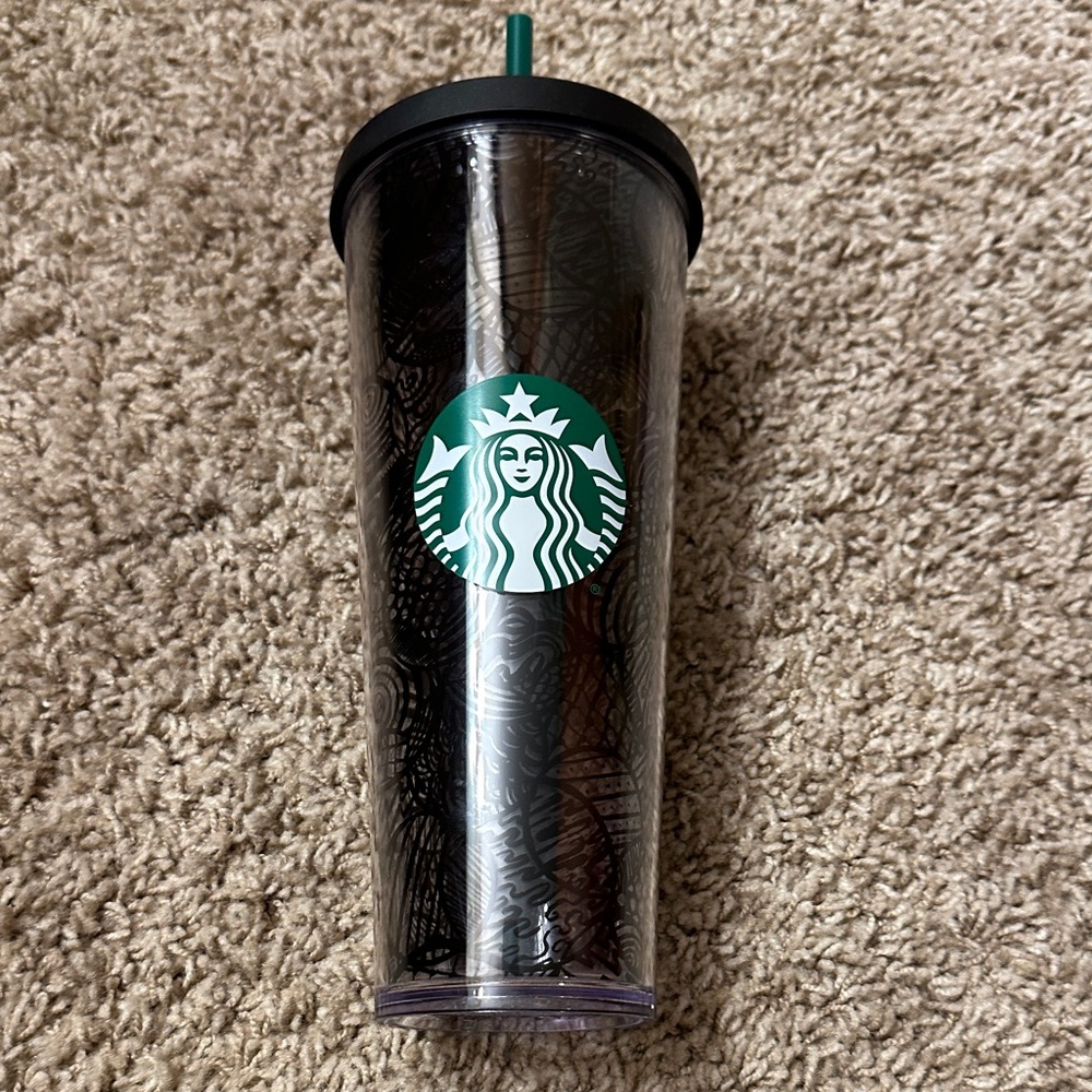 Starbucks Retired 2014 Baubles 24oz Black Cold Cup Tumbler with Straw Green logo